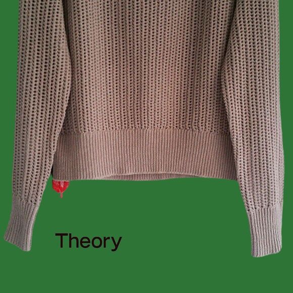 THEORY NEW Scandinavian OATMEAL MELANGE Allover Mesh Rib Trim Knit Sweater L - Picture 4 of 11